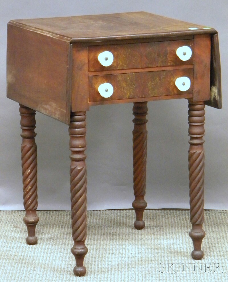 Appraisal: Classical Mahogany Veneer Drop-leaf Two-drawer Work Table with Sandwich Opalescent