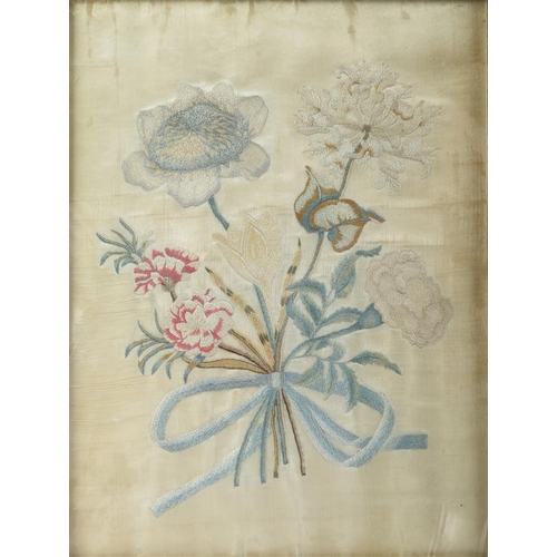 Appraisal: An embroidered silk picture of flowers tied with a blue