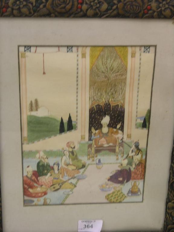 Appraisal: An Indian watercolour domestic interior with seated figures at a