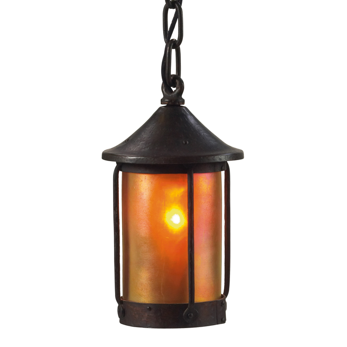 Appraisal: Arts and Crafts lantern patinated iron fixturesupports a good iridescentglass