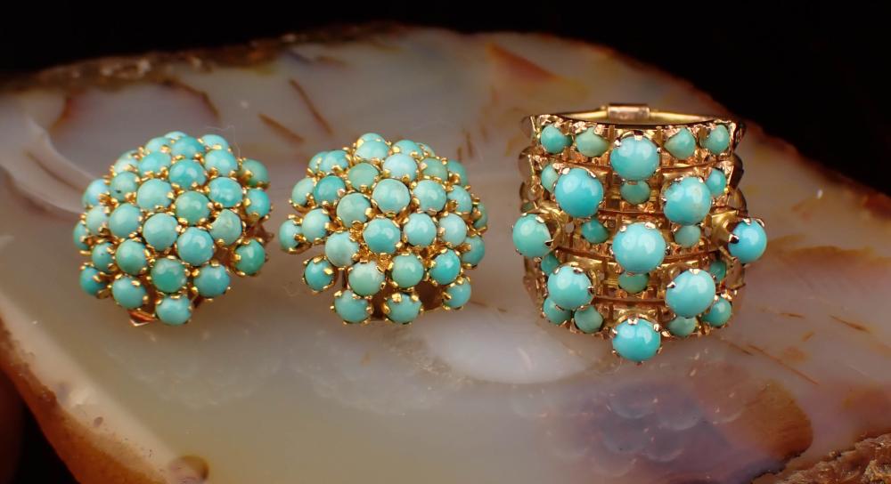 Appraisal: TURQUOISE AND FOURTEEN KARAT GOLD RING AND EARRINGS The size