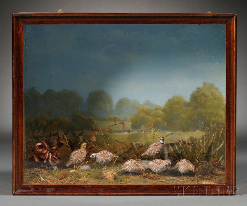 Appraisal: Diorama with Carved and Painted Miniature Bobwhite Figures Allen J