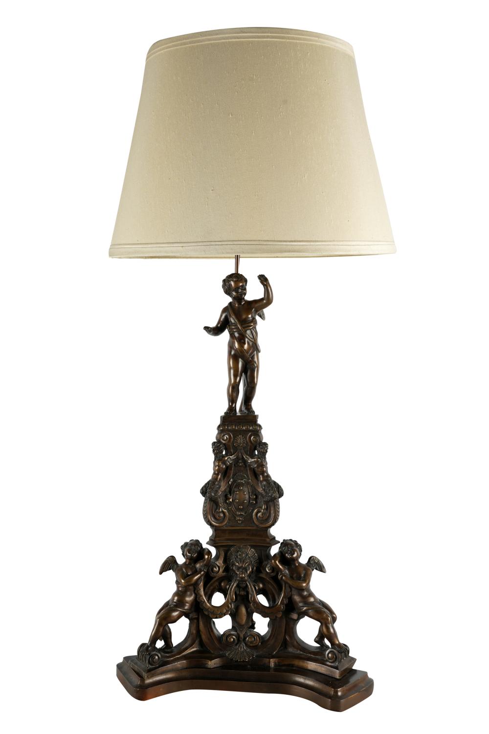 Appraisal: PATINATED BRONZE FIGURAL TABLE LAMPmounted on a wooden base Condition