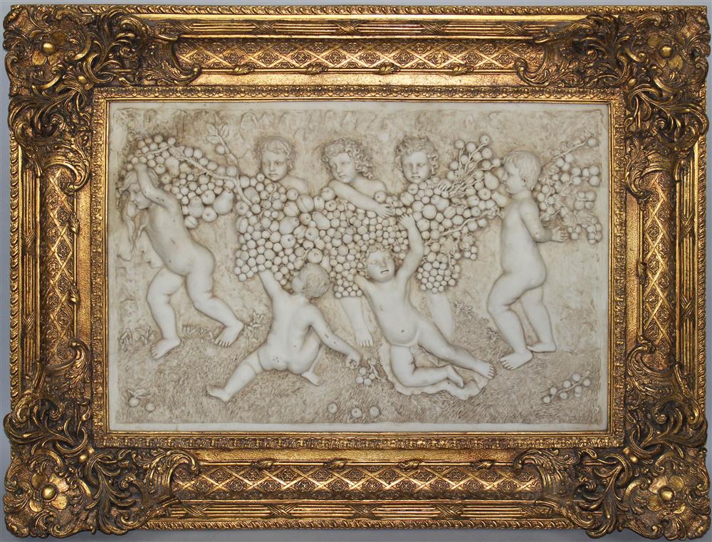 Appraisal: LARGE CAST COMPOSITE FIGURAL RELIEF WITHIN A GILTWOOD FRAME cast