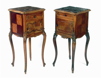 Appraisal: Two similar French walnut and mahogany veneered pot cupboards the