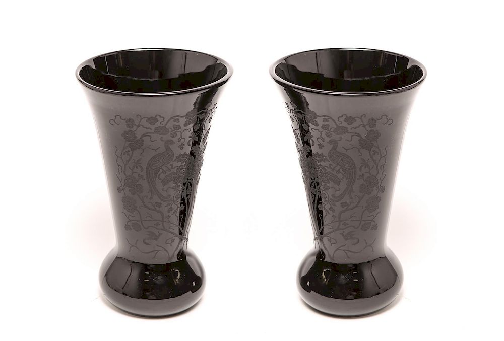 Appraisal: Black Etched Glass Trumpet-Form Vases Pair Black glass trumpet-form vases