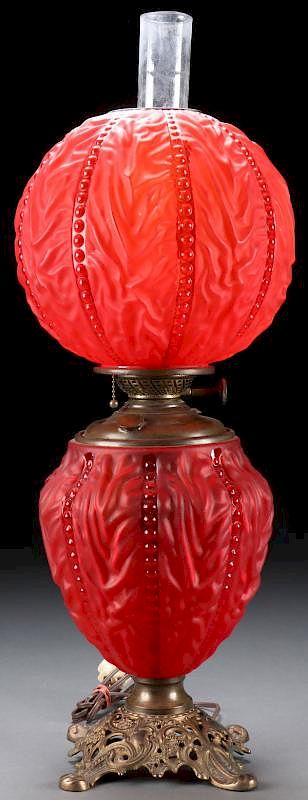 Appraisal: RED BEADED DRAPE VICTORIAN PARLOR LAMP A RED BEADED DRAPE