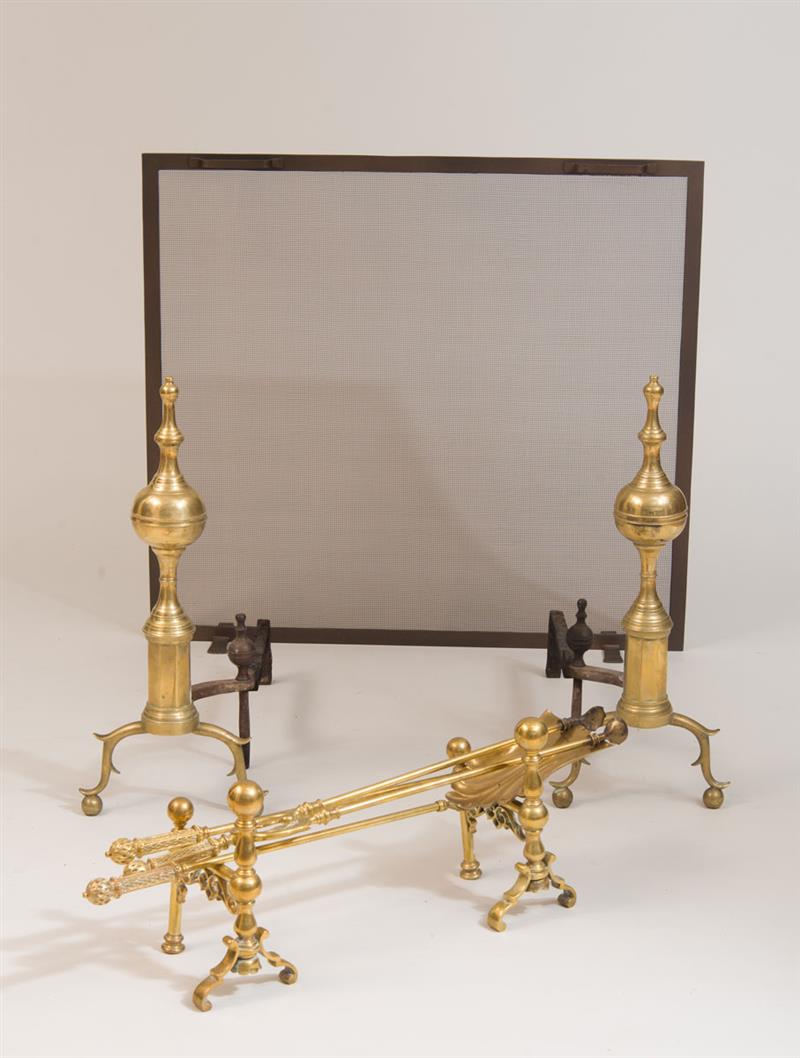 Appraisal: GROUP OF BRASS FIREPLACE EQUIPMENT POSSIBLY AMERICAN Comprising a pair