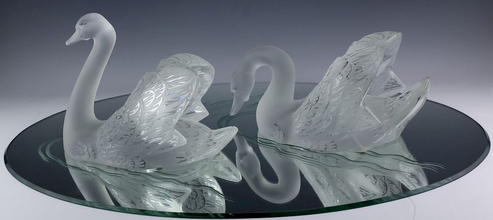 Appraisal: PAIR Lalique Crystal Art Glass Swans Mirror Cygnes Beautiful pair