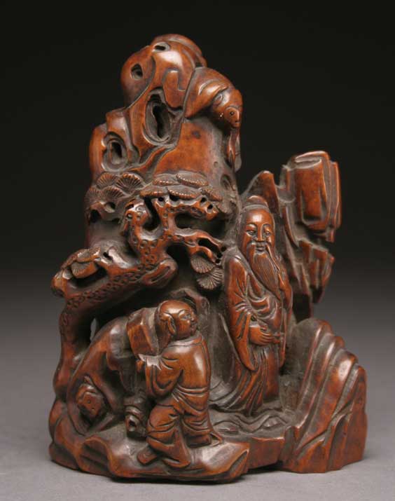 Appraisal: CARVED BOXWOOD MOUNTAIN Well carved Chinese boxwood mountain with sage