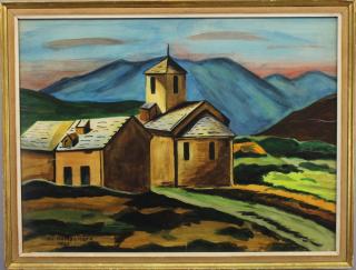 Appraisal: Irv Hamburger American School Town Scene with mountain range in