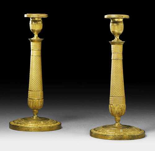 Appraisal: PAIR OF GILT BRONZE CANDLE HOLDERS Empire Paris circa The