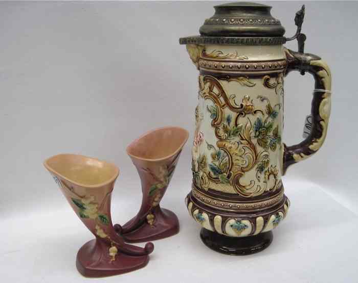 Appraisal: PAIR ROSEVILLE ART POTTERY VASES A POTTERY TANKARD pieces The