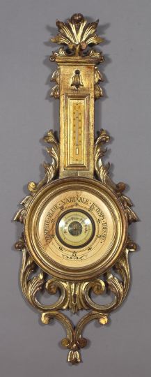 Appraisal: French Carved and Giltwood Wall Barometer of banjo form in