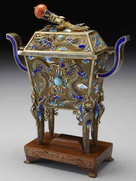 Appraisal: Chinese enameled gilt silver censer with a coralbead finial the