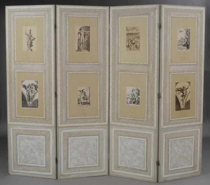 Appraisal: CONTINENTAL NEOCLASSICAL STYLE DECOUPAGE FOUR-FOLD SCREEN Each fold with two