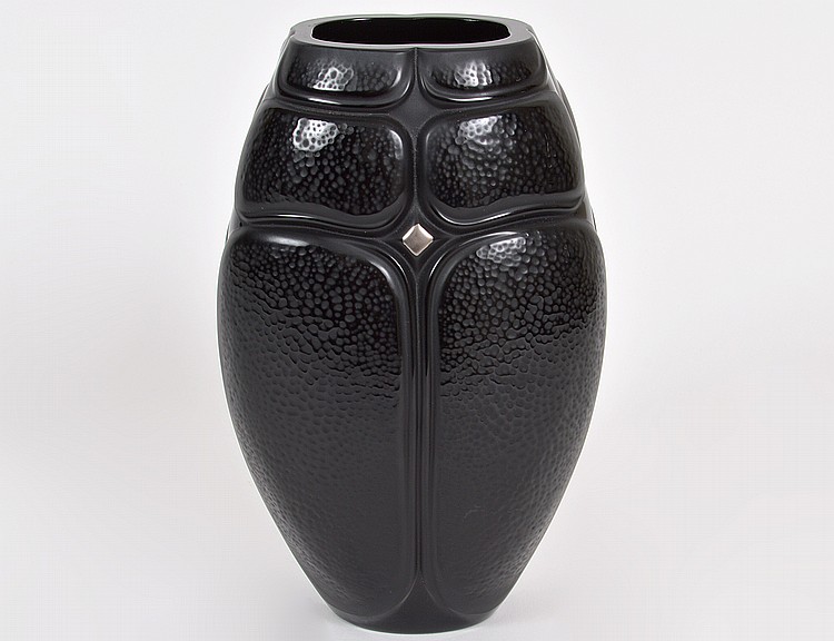 Appraisal: LALIQUE BLACK GLASS STYLIZED SCARAB VASE th Century Signed Lalique