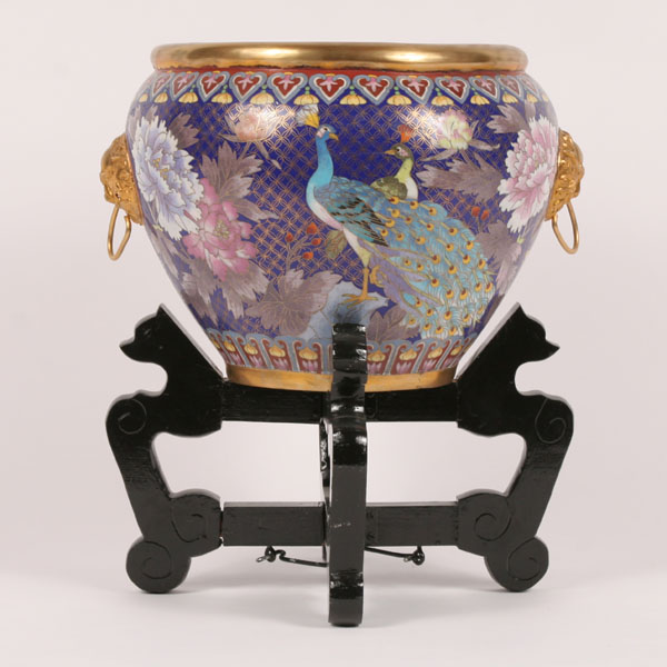 Appraisal: Chinese cloisonne pot jardiniere on stand with gilt figural medallion