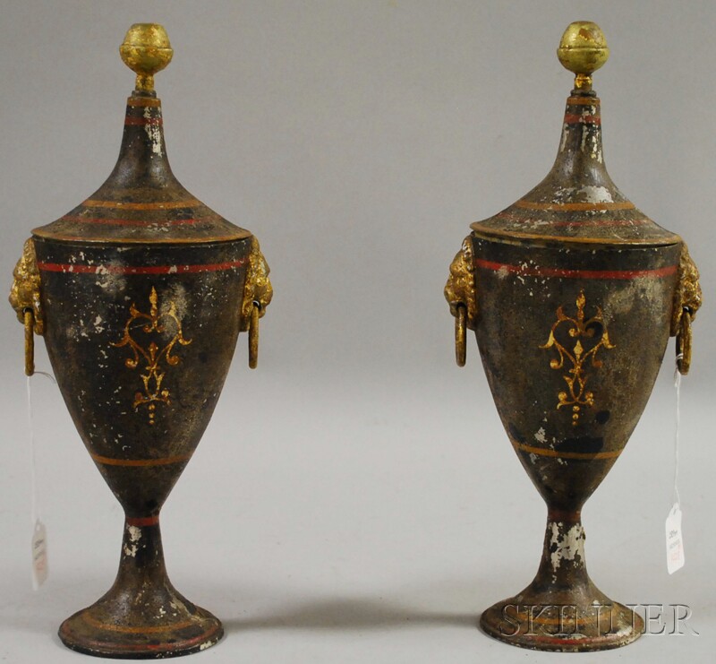 Appraisal: Pair of Gilt and Paint-decorated Tole Urns with Covers ht