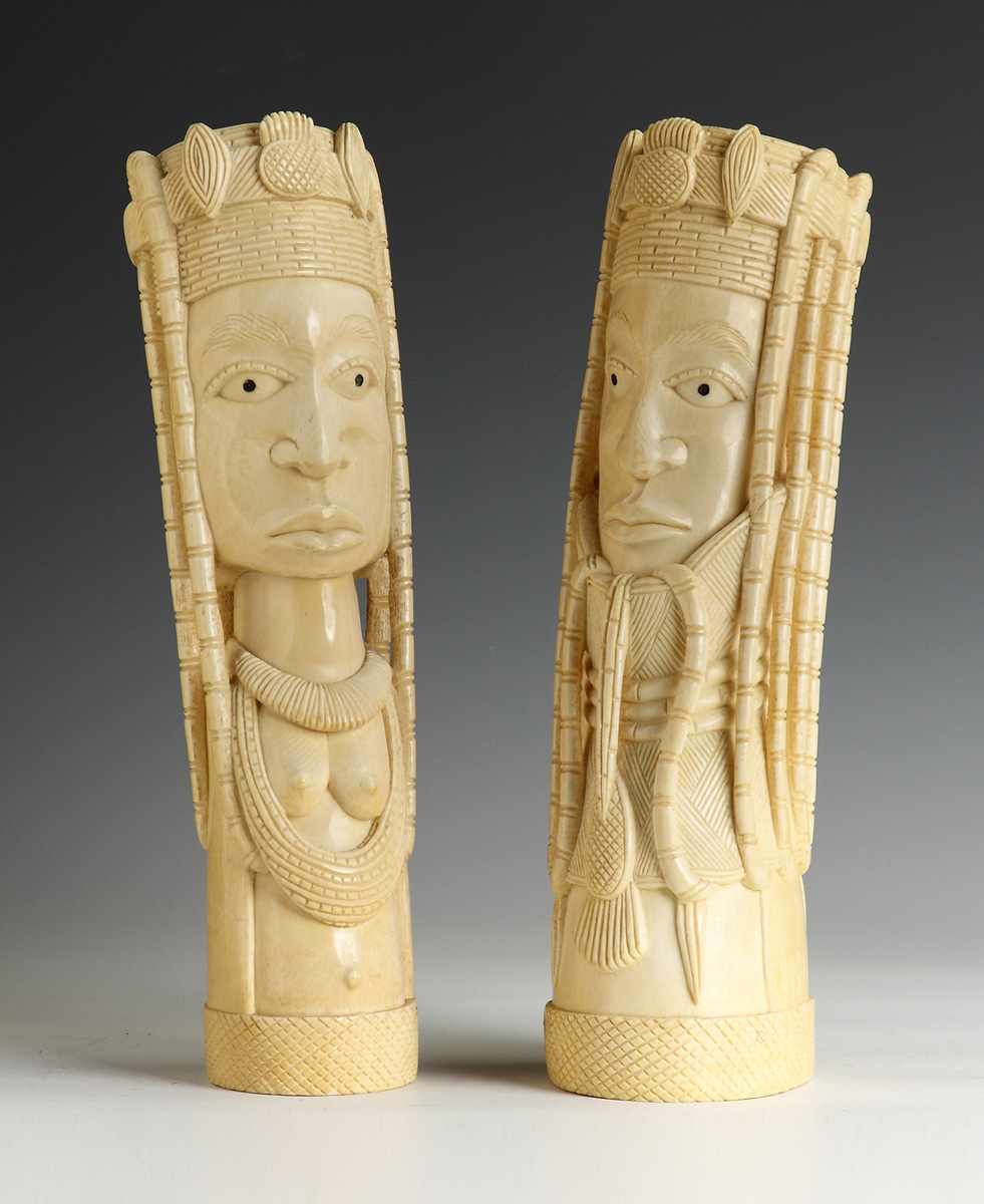 Appraisal: African Carved Ivory Heads of a Man a Woman th