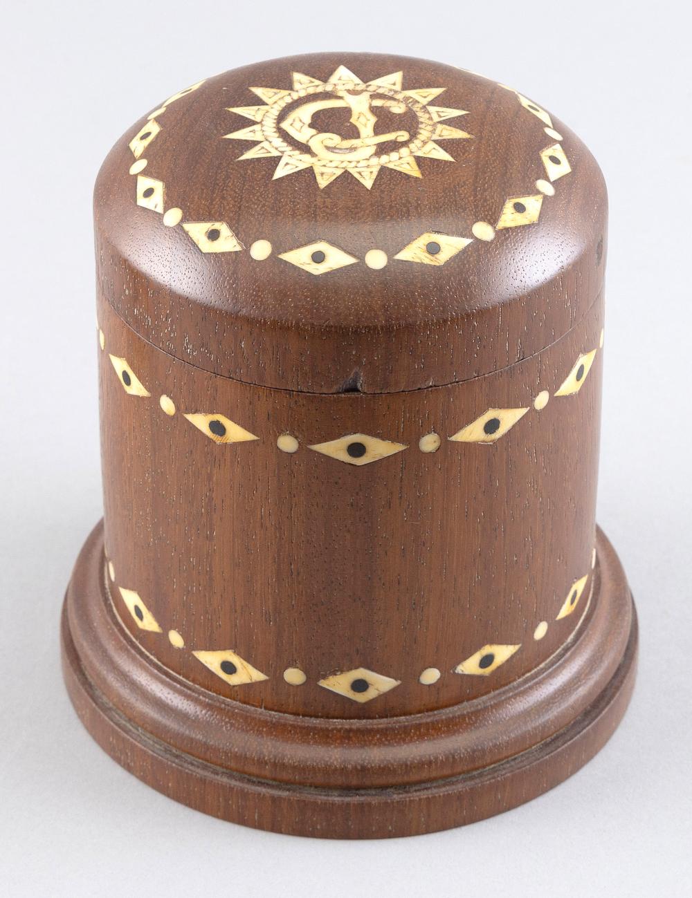 Appraisal: INLAID TEAK COVERED JAR POSSIBLY A HUMIDOR LATE TH CENTURY