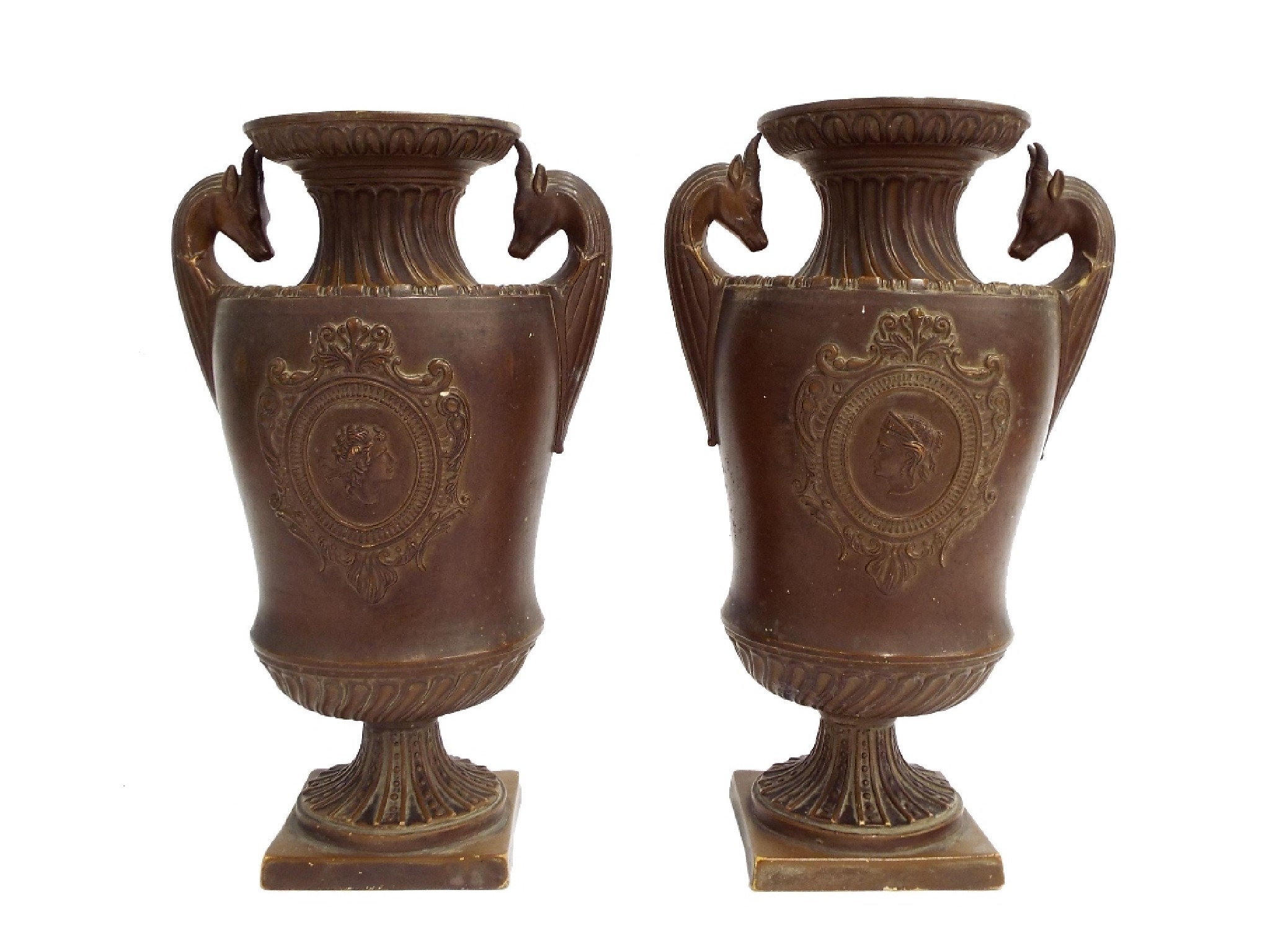 Appraisal: Pair of German ceramic twin handled vases each centrally fitted