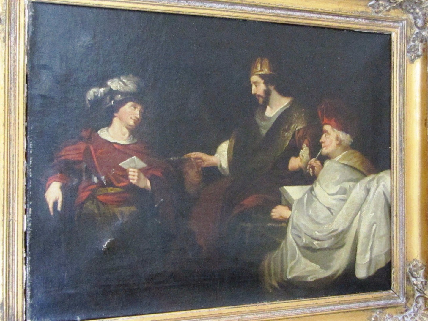 Appraisal: Continental School th century Three figures conversing in an interior