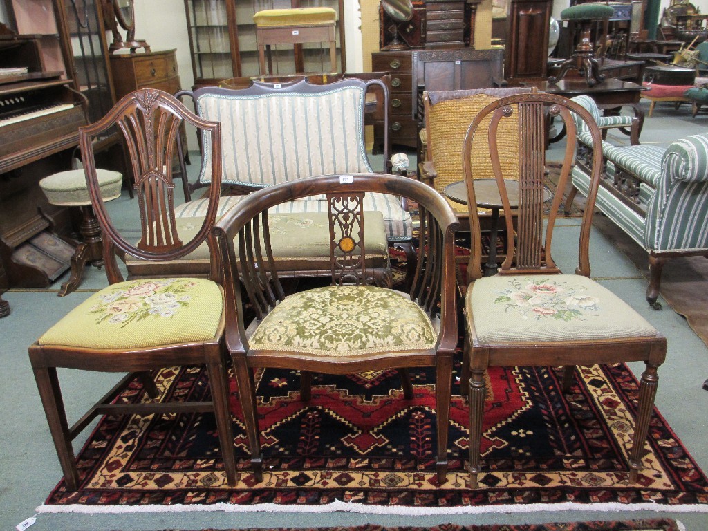 Appraisal: Edwardian mahogany inlaid bow back armchair and two Wylie Lochhead