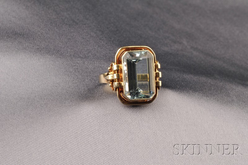 Appraisal: Retro kt Gold and Aquamarine Ring bezel-set with an emerald-cut