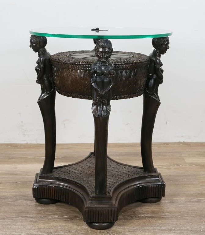 Appraisal: Carved African style side table Late th Century Glass top