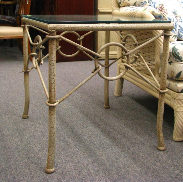 Appraisal: Pair of Wrought Iron Glass Top Patio Tables with crackle