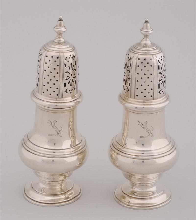 Appraisal: PAIR OF ENGLISH CRESTED SILVER BALUSTER-FORM CASTERS Marked RC within