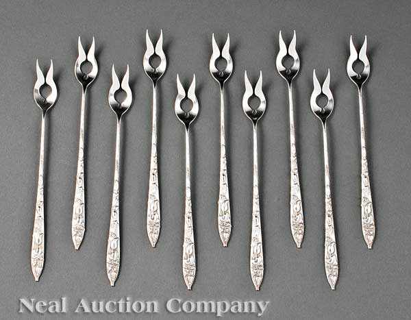 Appraisal: Ten Tiffany Sterling Silver Cocktail Forks Vine pattern Squash motif