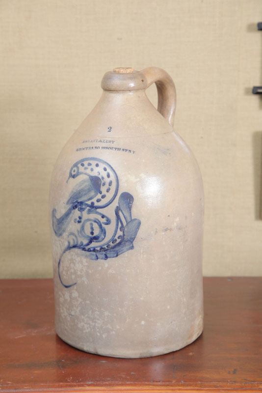 Appraisal: TWO GALLON STONEWARE JUG Cobalt bird decoration Signed ''Bryant Lunt