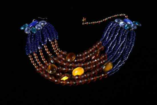 Appraisal: VINTAGE FRENCH AMBER AND COBALT GLASS BEAD CHOKER Featuring six