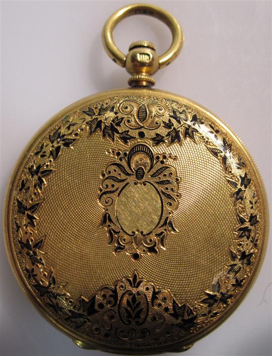 Appraisal: Humbert K Gold Pocket Watch Black foliate inlay and machining