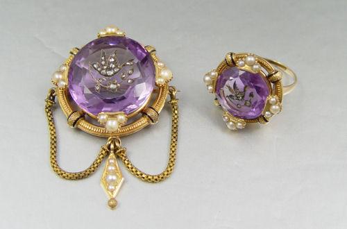 Appraisal: 'S PERIOD VICTORIAN AMETHYST AND SEED PEARL BROOCH AND RING