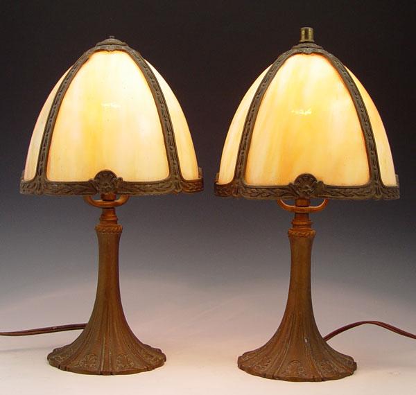 Appraisal: PAIR VINTAGE SLAG GLASS BOUDOIR LAMPS panel shades bronzed metal