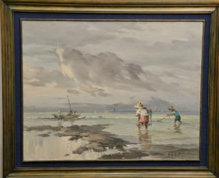 Appraisal: Gabriel Custodio oil on canvas Net Fishing signed and dated