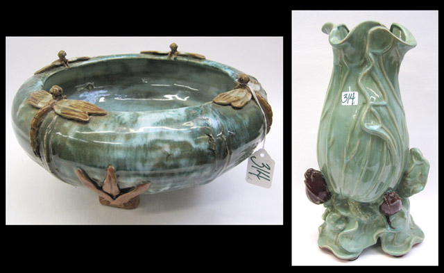 Appraisal: POTTERY VASE AND BOWL pieces lotus blossom vase H together