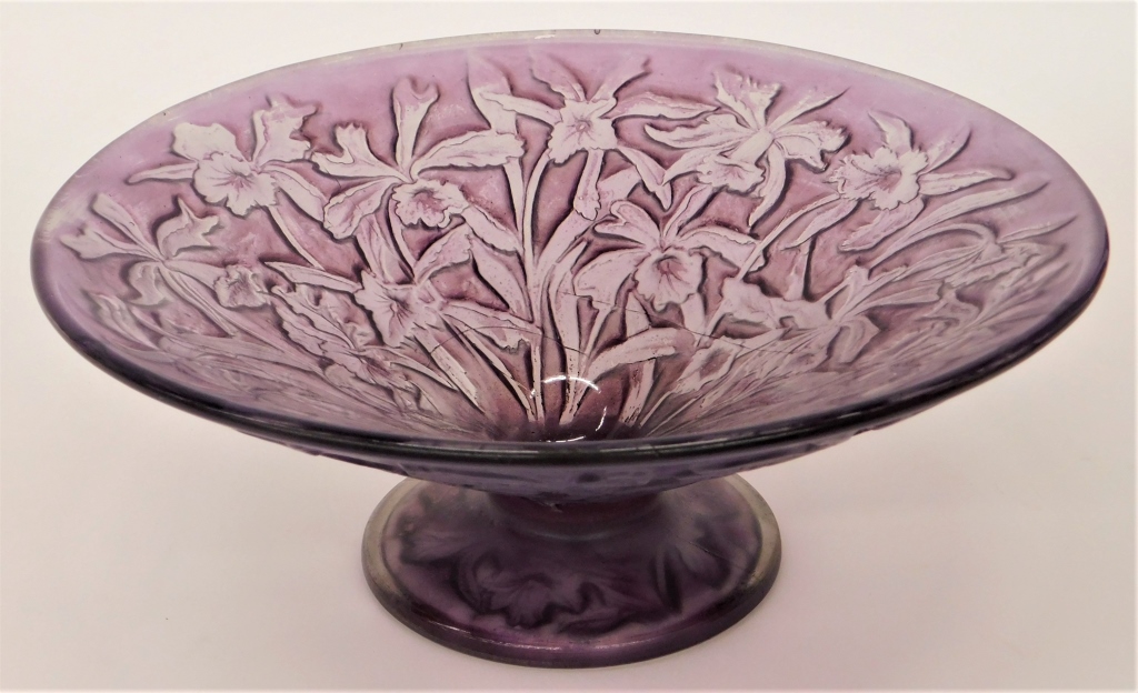 Appraisal: FRENCH ART DECO MOLDED IRIS ART GLASS FOOTED BOWL France