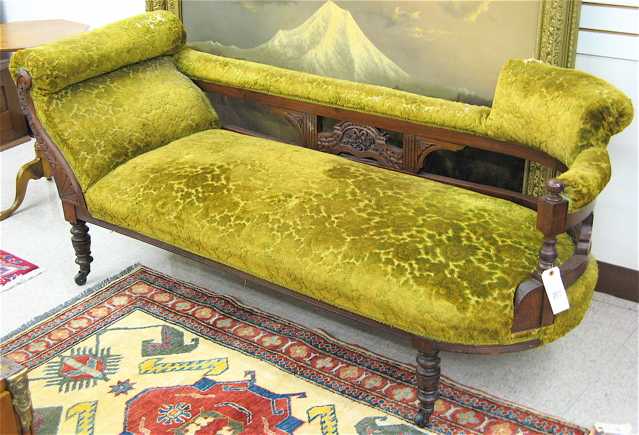 Appraisal: VICTORIAN CARVED AND UPHOLSTERED MAHOGANY CHAISE LOUNGE English c Dimensions