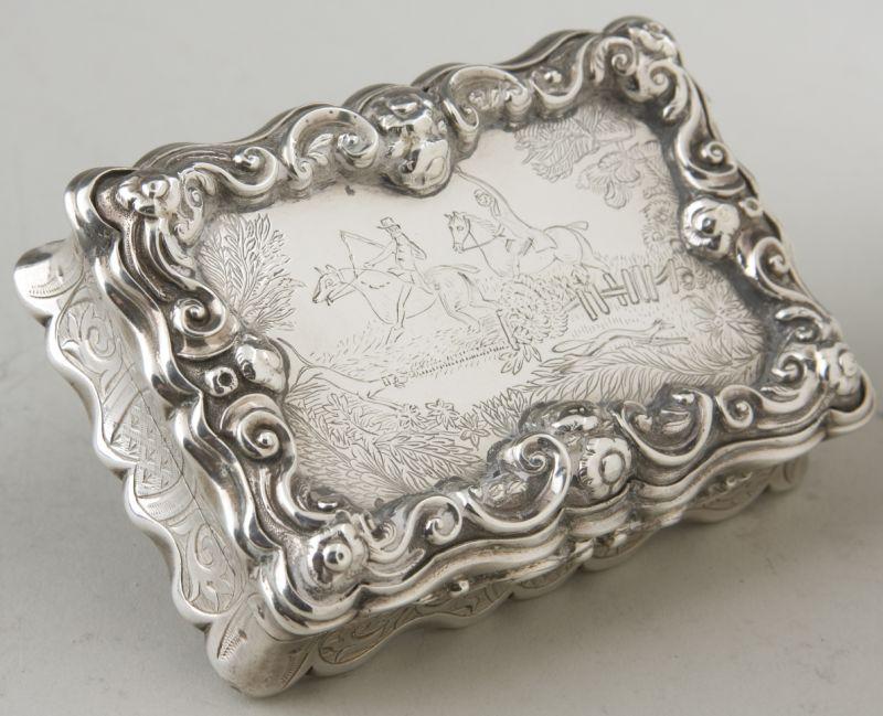 Appraisal: Sterling Silver Snuff Box with Hunt Scene English Birmingham date