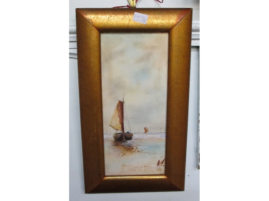 Appraisal: Watercolour beach scene with boats indistinctly signed lower left