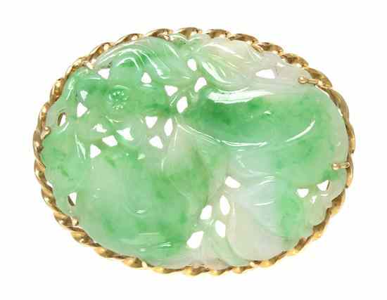 Appraisal: A Karat Yellow Gold and Jade Pendant Brooch containing an