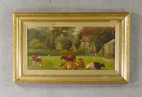 Appraisal: English Oil on Canvas Five horned Shorthorn cows in pasture