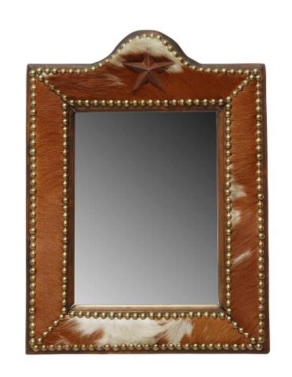 Appraisal: Western wall mirror having shaped cowhide clad wood frame with