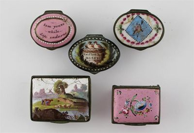 Appraisal: Five enamel patch boxes variously decorated with a landscape flowers