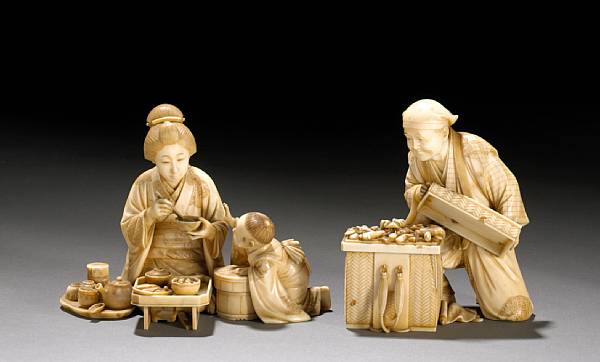 Appraisal: Two tinted ivory figural okimono Meiji Period The first carved