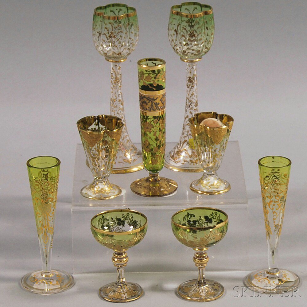 Appraisal: Nine Moser-type Glass Vessels late th century four pairs of